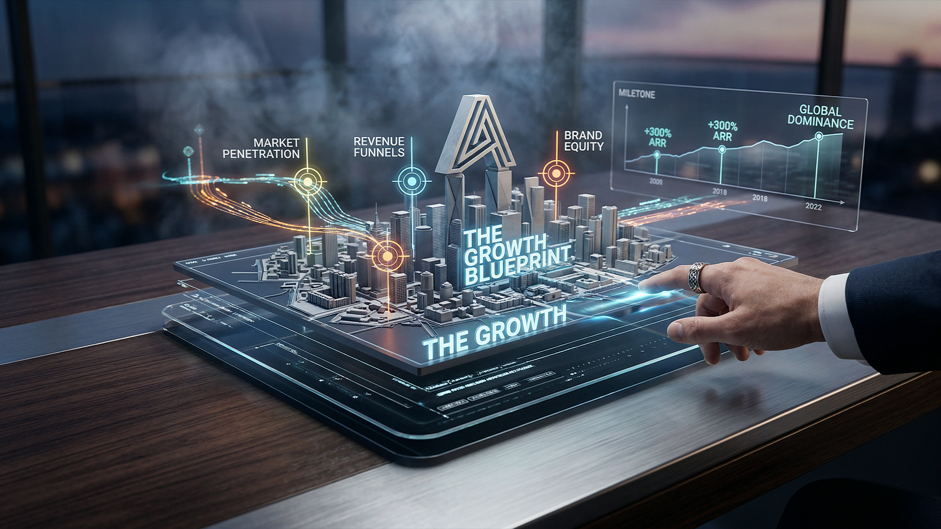 واجهة هولوغرافية تفاعلية تعرض مخططاً هندسياً ثلاثي الأبعاد (3D Blueprint) لمدينة ترمز لاستراتيجية النمو التوسعي (Growth Strategy)، مقسمة لقطاعات مثل "تغلغل السوق" (Market Penetration) و"قيمة العلامة التجارية" (Brand Equity)، محاطة ببيانات نيون في Propagamda Agency.