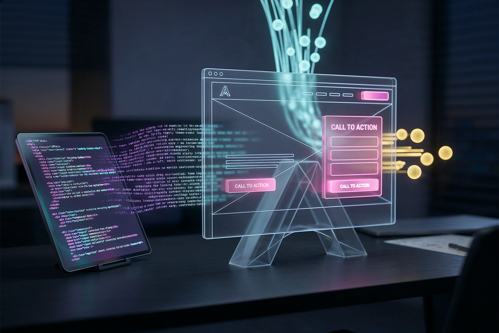 مخطط هندسي ثلاثي الأبعاد (3D Wireframe) يوضح بناء واجهة مستخدم لموقع إلكتروني، مع تدفق بيانات (Matrix Code) باللون البنفسجي والسيان، يرمز لهندسة تحويل الزوار إلى عملاء في Propagamda Agency.