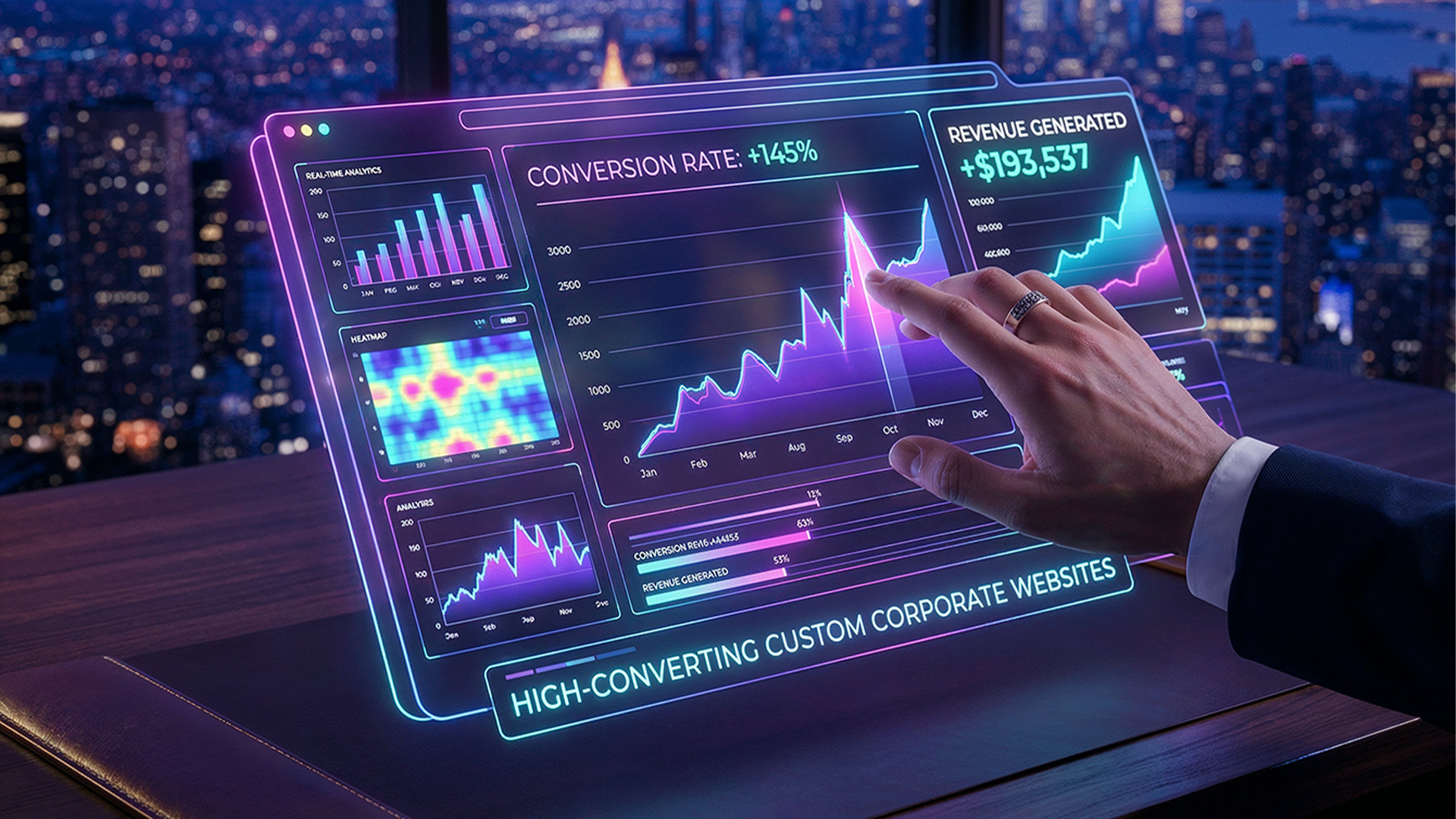 شاشة هولوغرافية تفاعلية تعرض تحليلات البيانات ومعدلات التحويل (Conversion Rate +145%) لتصميم مواقع الشركات الكبرى، مع خلفية لمدينة نيويورك، من تنفيذ وكالة Propagamda Agency.
