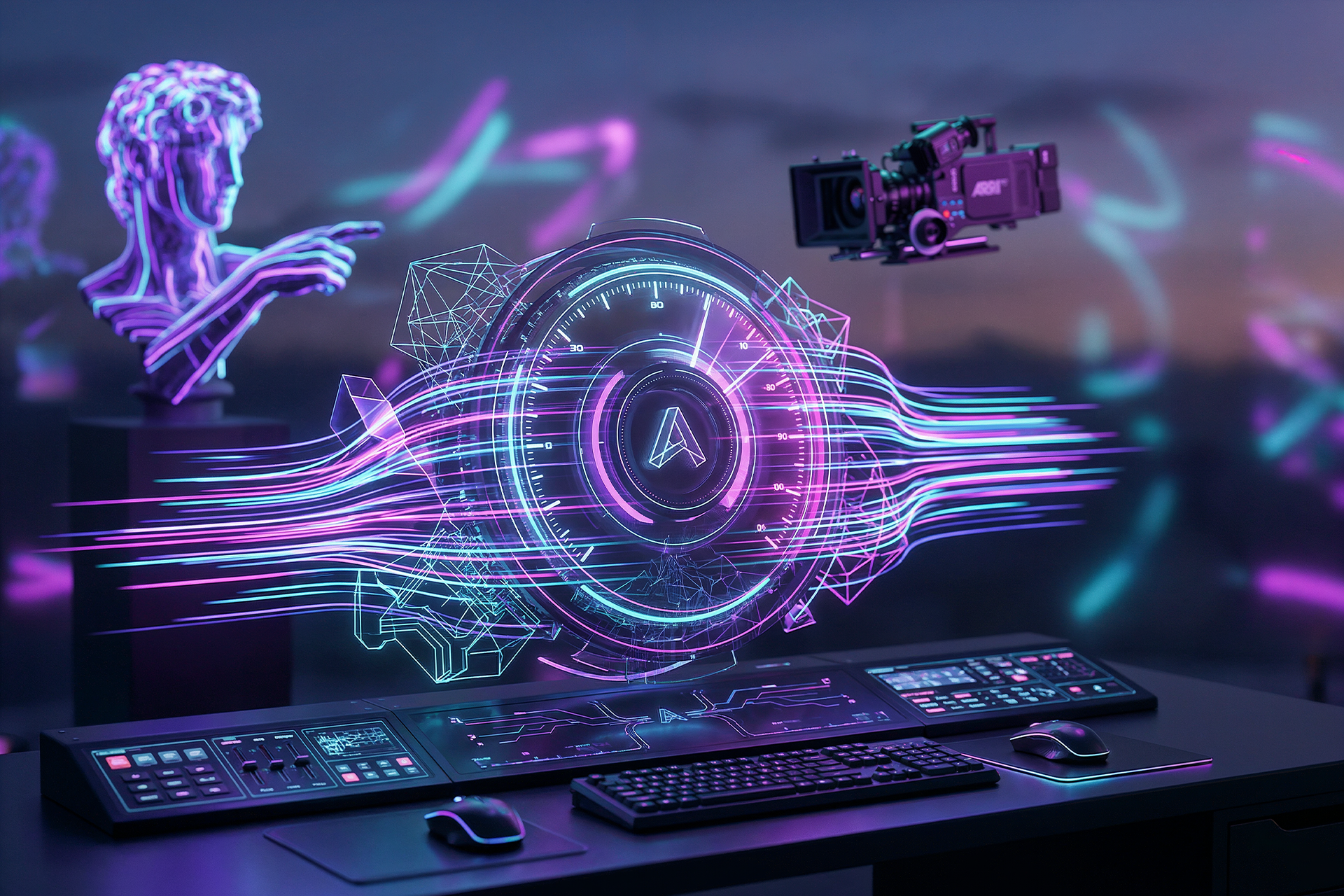 واجهة هولوغرافية لعداد سرعة رقمي (Speedometer) متطور يعرض تسارع بيانات الأداء والنمو، مع جزيئات نيون ومكعبات بيانات هندسية باللون البنفسجي والسيان، يرمز لسرعة تحقيق النتائج في Propagamda Agency.