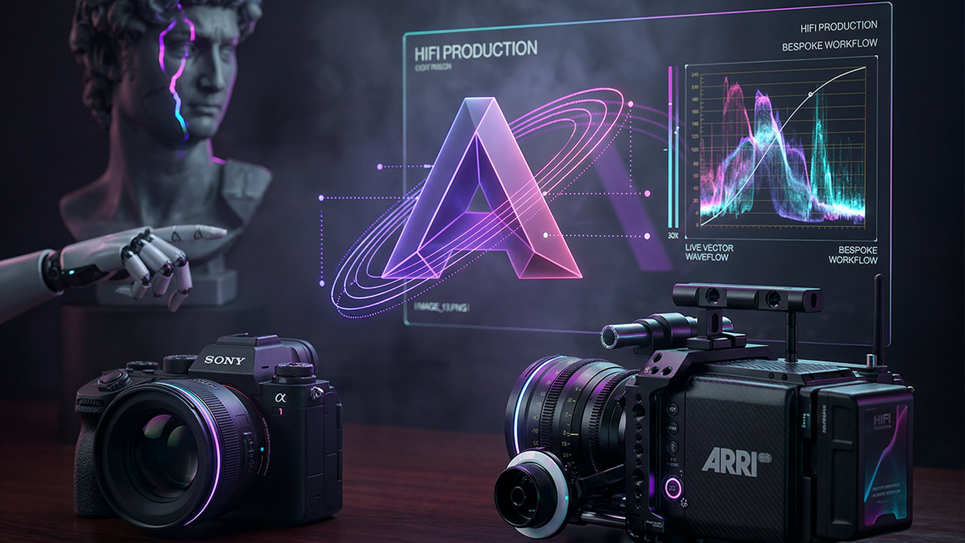 مشهد إخراج إبداعي تقني يدمج تمثال ديفيد كلاسيكي مع كاميرات سينمائية (ARRI) وطائرة درون، محاط بتدفقات بيانات مجسمة (Holograms) وشاشات تحليل (Waveform) باللون البنفسجي والوردي، يمثل عملية إنتاج المحتوى الفخم في Propagamda Agency.