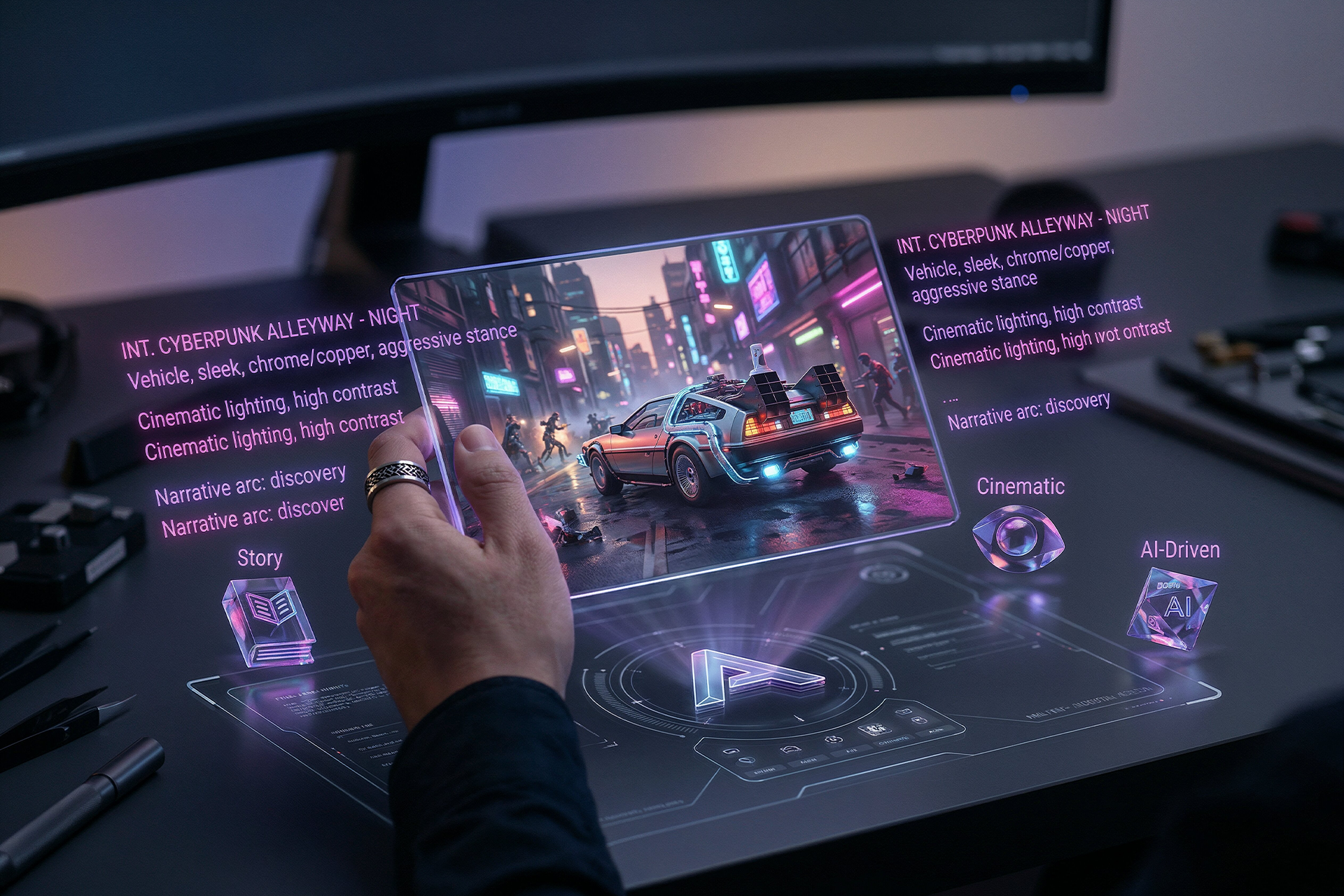 يد احترافية تمسك بجهاز لوحي شفاف يعرض مشهداً سينمائيًا مجسمًا (Holographic)، محاط بكلمات برومبت نيون (AI Prompts) باللون البنفسجي والوردي، يمثل عملية الإخراج الإبداعي الرقمي في Propagamda Agency.