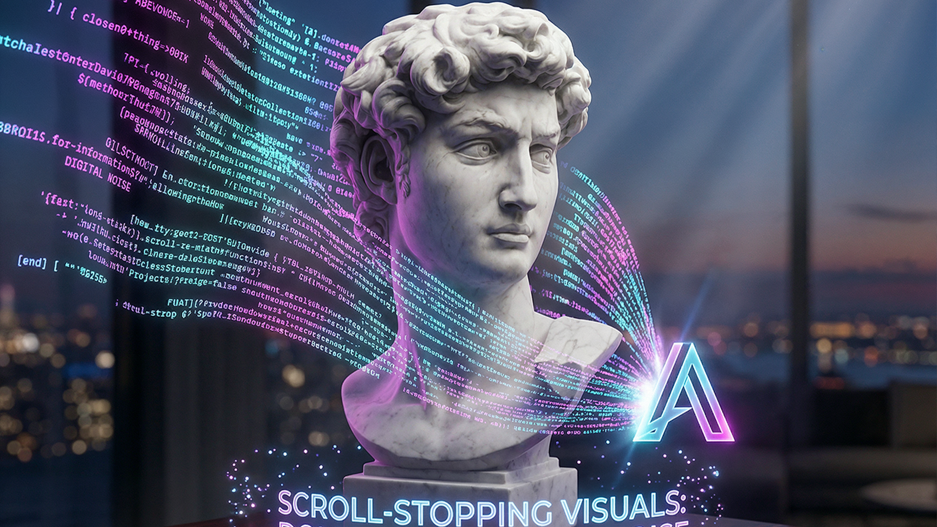 تمثال نصفي كلاسيكي من الرخام الأبيض يتفكك إلى جزيئات نيون وتدفقات بيانات برمجية (Matrix Code) باللون البنفسجي والوردي، يجسد مفهوم صناعة المحتوى البصري الخاطف للأنظار في وكالة Propagamda Agency.